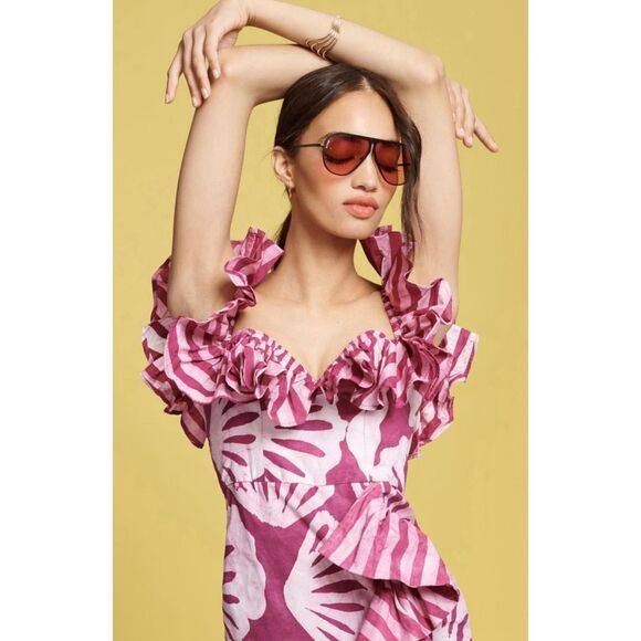 Anthropologie Sika KC Off the shoulder Ruffle Midi Dress Long Bodycone Purple 4 - Picture 3 of 16